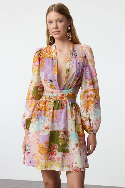 Trendyol Collection 100% Cotton Mini Beach Dress - Floral Print, Cut Out Window TBESS23EL00140