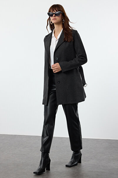 Trendyol Collection Kabát Midi z antracitové vlny - s páskem, vypasovaný Twoaw25Kb00071