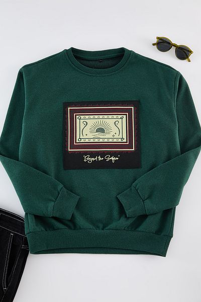 Trendyol Collection Zelená etnická oversize mikina s výstřihem, dlouhý rukáv - Tmnaw24sw00170