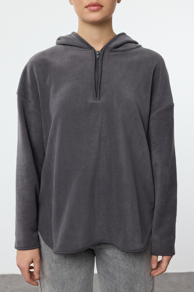 Trendyol Collection Antracitová fleecová mikina se zipem, oversize pletená mikina - TWOAW22sw2063