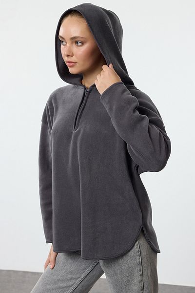 Trendyol Collection Anthracite Zippered Fleece Hooded Oversize Knitted SWeatshirt - TWOAW22sw2063