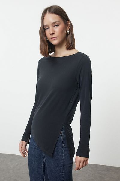 Trendyol Collection Μπλούζα πλεκτή ανθρακί λαιμού σκάφους -RegularFit Twoaw25bz00178