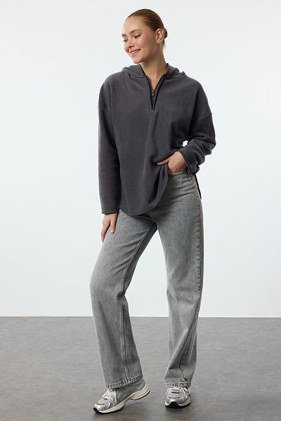 Trendyol Collection Anthracite Zippered Fleece Hooded Oversize Knitted SWeatshirt - TWOAW22sw2063