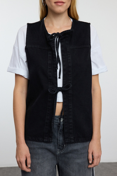 Trendyol Collection Front Tie Black Oversize Denim Vest - Twoaw25ye00063