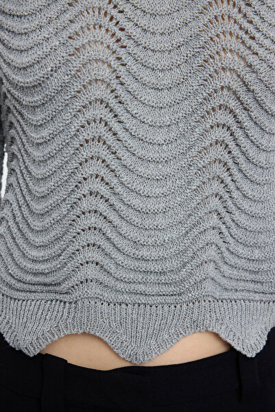 Trendyol Collection Crew Neck Gray Knitwear Sweater - Openwork/Hole, Crop, Twoaw25Kz00346