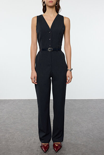 Trendyol Collection Dlouhý pruhovaný overal v námořnické modré s páskem Twoaw25Tu00005