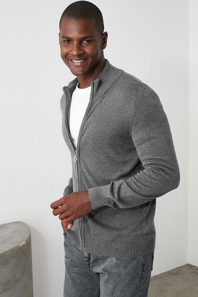 Trendyol Collection Gray Fl Men Slim Half Turtleneck Solid Knitwear Cardigan Tmnaw20Yp0010