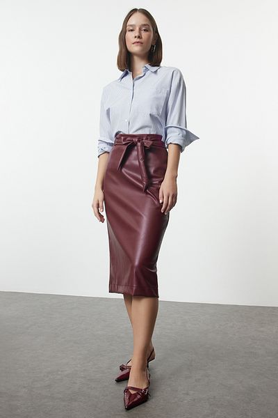 Trendyol Collection Fusta țesătă din piele burgundă - cu fante și detaliu de legare, cu centură TWOAW25ET00073