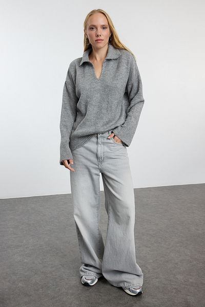 Trendyol Collection Polo Collar Gray Wool Knitwear Sweater - Wide Fit Twoaw25Kz00009