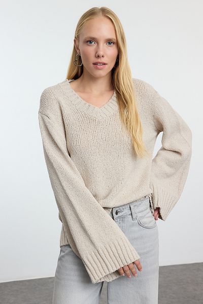 Trendyol Collection Culoare piatră - Pulover de tricotaj durabil cu potrivire largă TWOAW25KZ00304