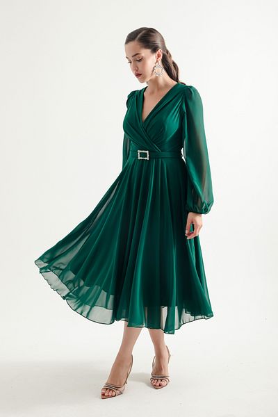 Lafaba Emerald Green Midi Chiffon Evening Dress - Belted Dress