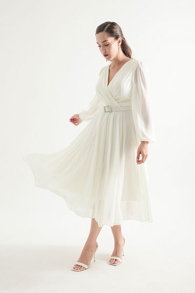 Lafaba Λευκό Chiffon Midi Βραδινό Φόρεμα - Γυναικείο φόρεμα με ζώνη