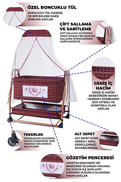 LOOVE BEBE King Lüx Metal Sallanır Beşik Bordo