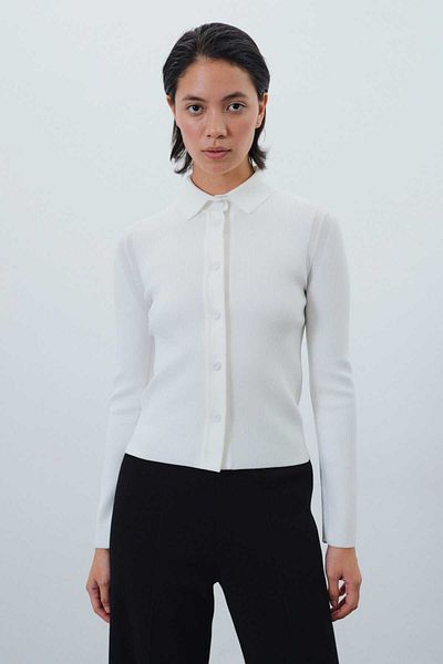 Mısırlı Cardigan de damă tricotaje Ecru - guler cămașă, slim fit