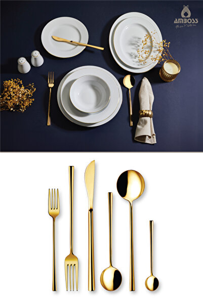 Amboss Galaxy - 125 Parça Hare 12 Kişilik Gold Porselen Yemek Takımı 12 Kişilik Çatal Kaşık Bıçak Seti Gold