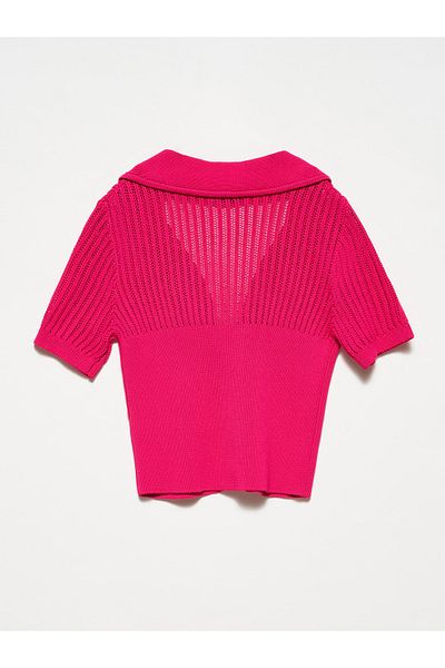 Dilvin 60187 Jacket Collar Zippered Knitwear Cardigan-Fuchsia