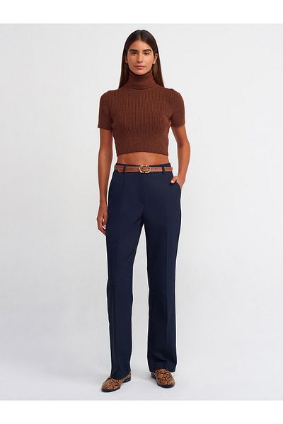Dilvin 71216 Belted Straight Fit Trousers-Navy Blue