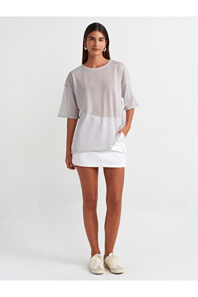Dilvin 10550 Crew Neck Short Sleeve Transparent Blouse-grey