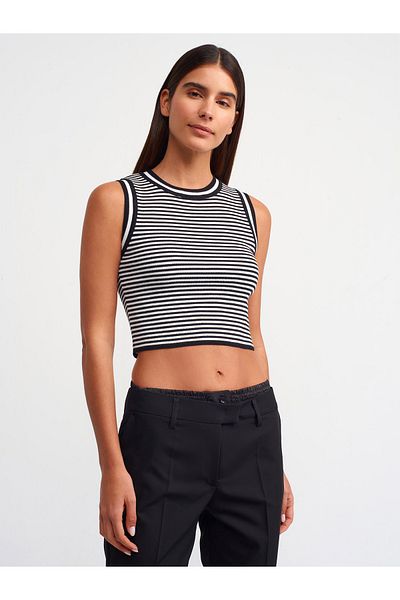 Dilvin 10559 Tricotaj cu dungi cu decolteu în dungi Top-Negru-Ecru