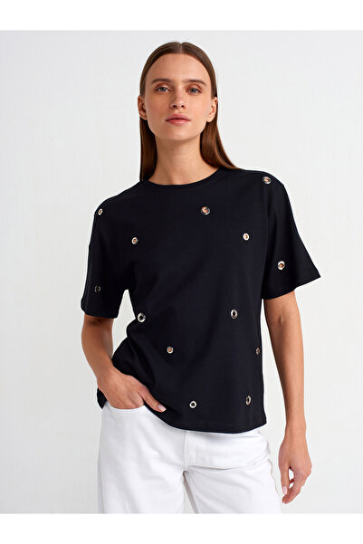 Dilvin 30943 Kuşgözlü Pamuklu T-shirt-Siyah