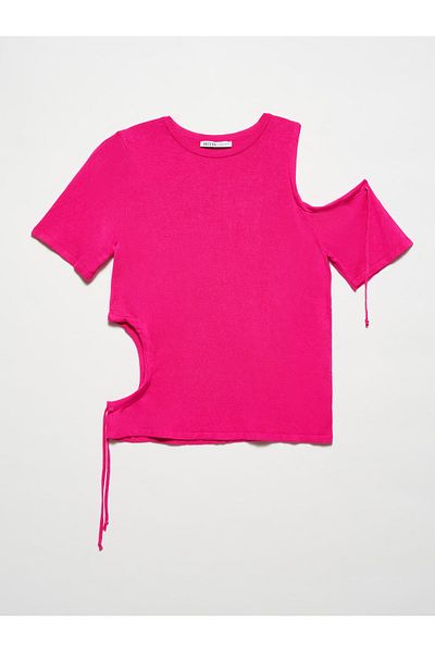 Dilvin 10400 Pulover cu mânecă scurtă, cu mânecă scurtă, fără umăr stâng-fucsia