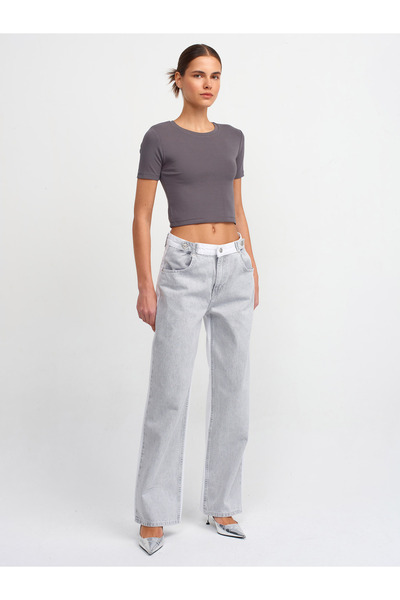 Dilvin 71447 Pantaloni din denim cu epoleți cu centură dublă - gri