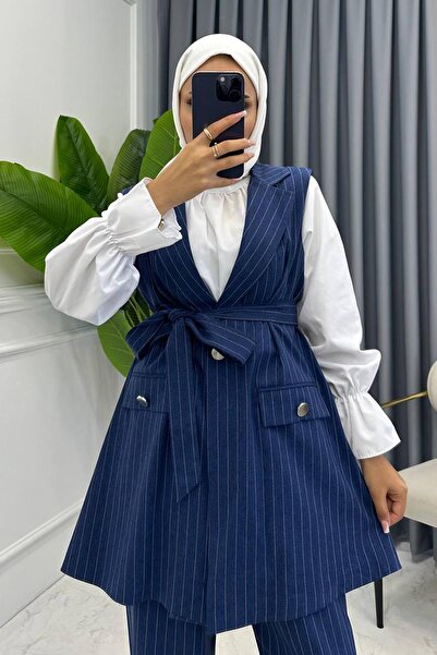 miqa butik Navy Blue Mady Striped Vest Set