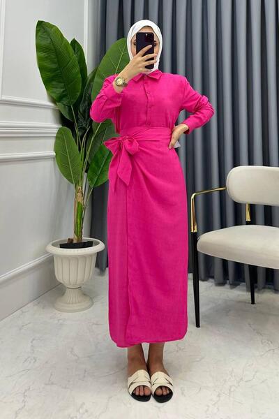 miqa butik Fuchsia Lui̇ Linen Skirt Set