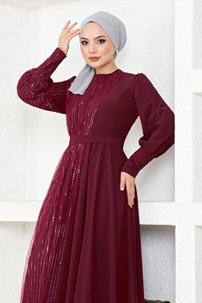 Ayşe Melek Burgundy Evening Dress Fashion Tasseled Scuba Short Dress - 2703