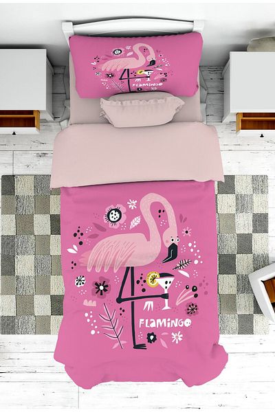 on the clouds Pink Flamingo Patterned Bedspread and Pillowcase for Young Children Baby - Pike