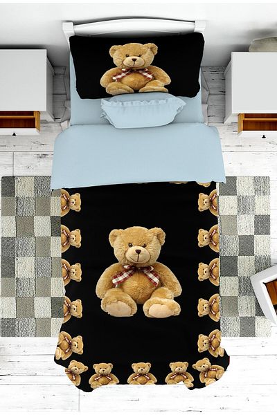 on the clouds Black Teddy Bear Patterned Baby and Kids Bedspread and Cover - Pike