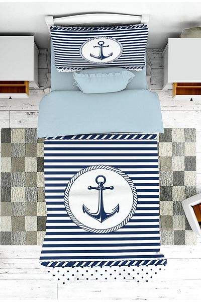 on the clouds Blue Anchor Patterned Baby and Kids Room - Boy's Bedspread and Pillowcase Pique