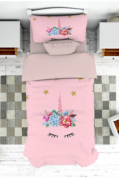 on the clouds Baby and Children's Room Floral Unicorn Patterned Girl's Bedspread and Pillowcase Pique