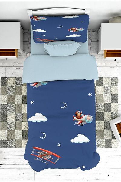 on the clouds Boy's Room - Blue Cloud Airplane Patterned Bedspread and Pillowcase Pique