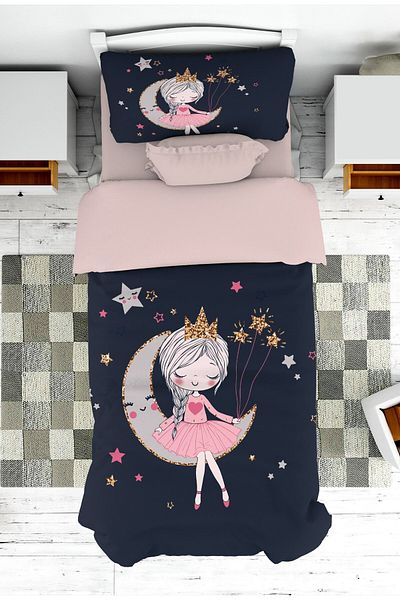 on the clouds Girl Patterned Black Children's Bedspread - Pike Sitting on the Moon