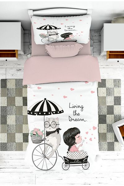 on the clouds Pink Girl's Bedspread and Pillowcase - Cat and Little Pattern