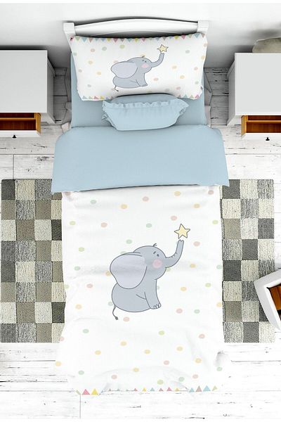 on the clouds Boy's Bedspread and Pillowcase - Baby Elephant Patterned Pique