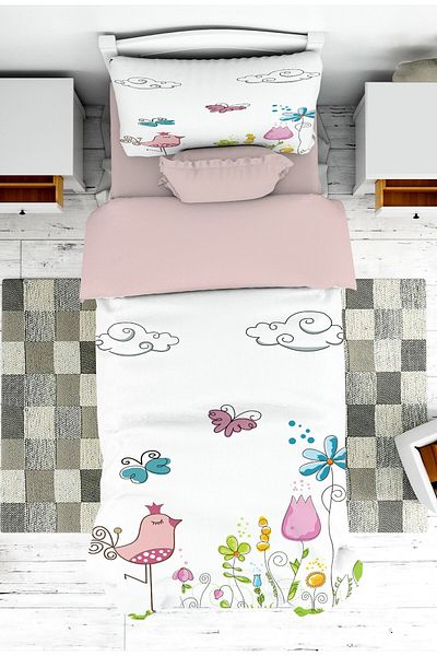 on the clouds Bird Butterfly Patterned Baby and Children's Room Bedspread and Pillowcase - Pike