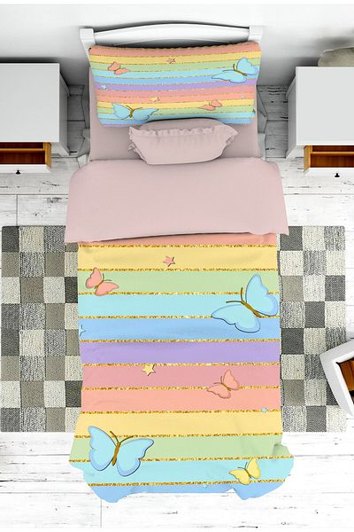 on the clouds Gold Butterfly Patterned Children's Baby Bedspread and Pillowcase - Striped Pike