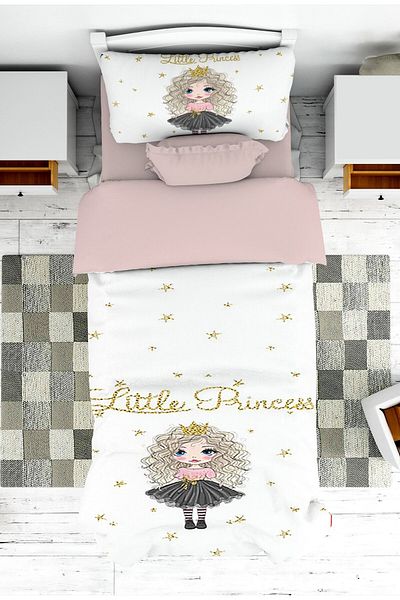on the clouds Gold Detailed Princess Patterned Bedspread and Pillowcase for Girl - Pike