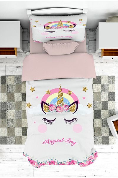 on the clouds Baby and Children's Room Gold Detail Unicorn Patterned Girl's Bedspread and Pillowcase Pique