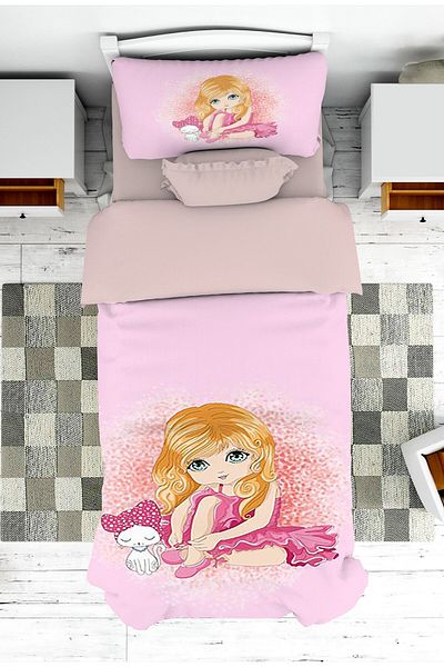 on the clouds Girl's Bedspread - Ballerina Pattern, Room with Cat, Pique Pillowcase
