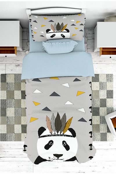 on the clouds Panda Patterned Cute Boy's Bed and Pillow Set - for Room Children