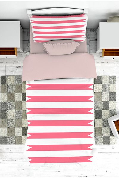 on the clouds Pike - Youth Bedspread and Pillowcase, Pink and White Line Pattern