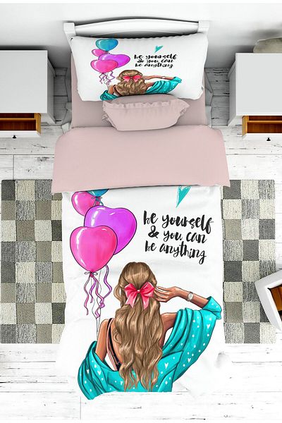 on the clouds Girl Patterned Bubble Bedspread - Baby and Children's Room, Pillowcase Pique