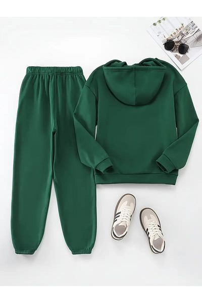 QUEENSTOWN Σετ φόρμας Nefti Green Unisex Oversize - Στάμπα στήθους, με κουκούλα, 3 κλωστές