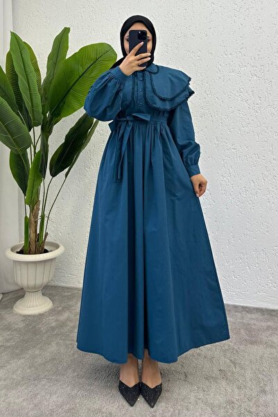 miqa butik فستان دانتيل بكتف أزرق بترولي