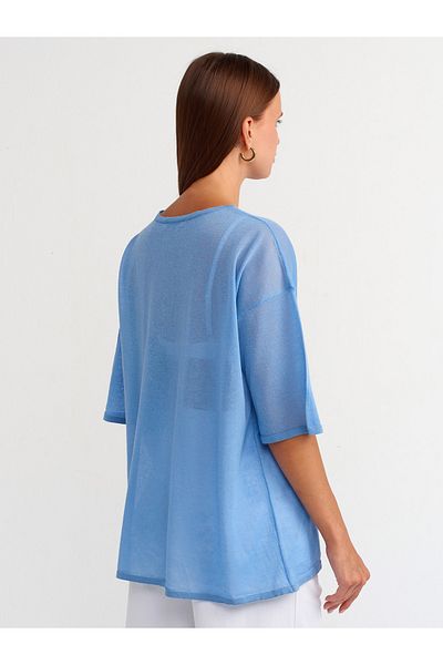 Dilvin 10550 Model - Crew Neck, Short Sleeve, Transparent Blouse, Blue
