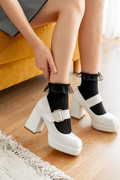 DİVOLYA Tasia Piele Lacuita Alba - Tocuri cu platforma de 9 cm, Catarama dubla