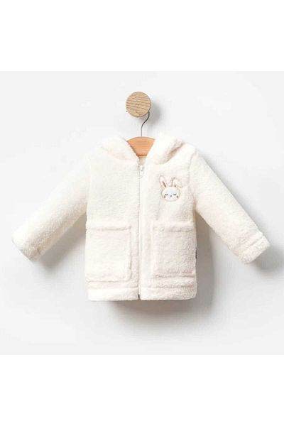 Bubito Rabbit Embroidered Plush Welsoft Winter Cardigan for Baby Girl - Zip and Pocket, White